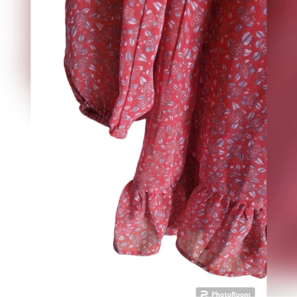 Free People Sheer Floral Red Long Sleeve Tie-Neck Ruffle Dress - Picture 3 of 5